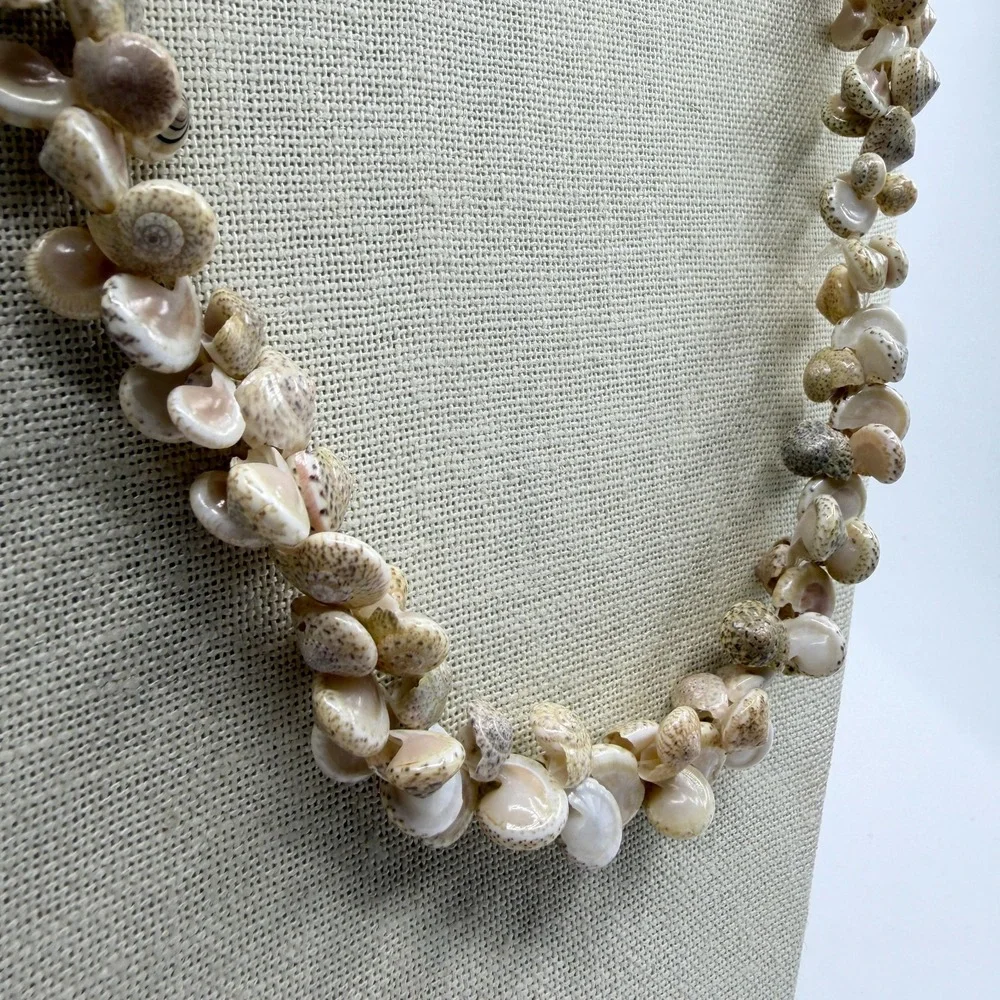 Natural Spiral Seashell Cluster Long Necklace Cream Coastal Boho Statement Gift